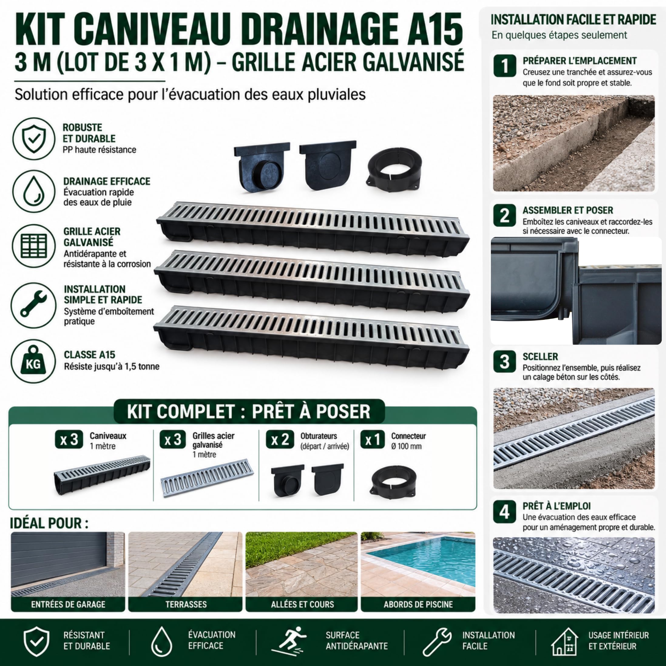 jardibric-kit-caniveau-drainage-a15-3-m-grille-acier-jardin-terrasse image 2