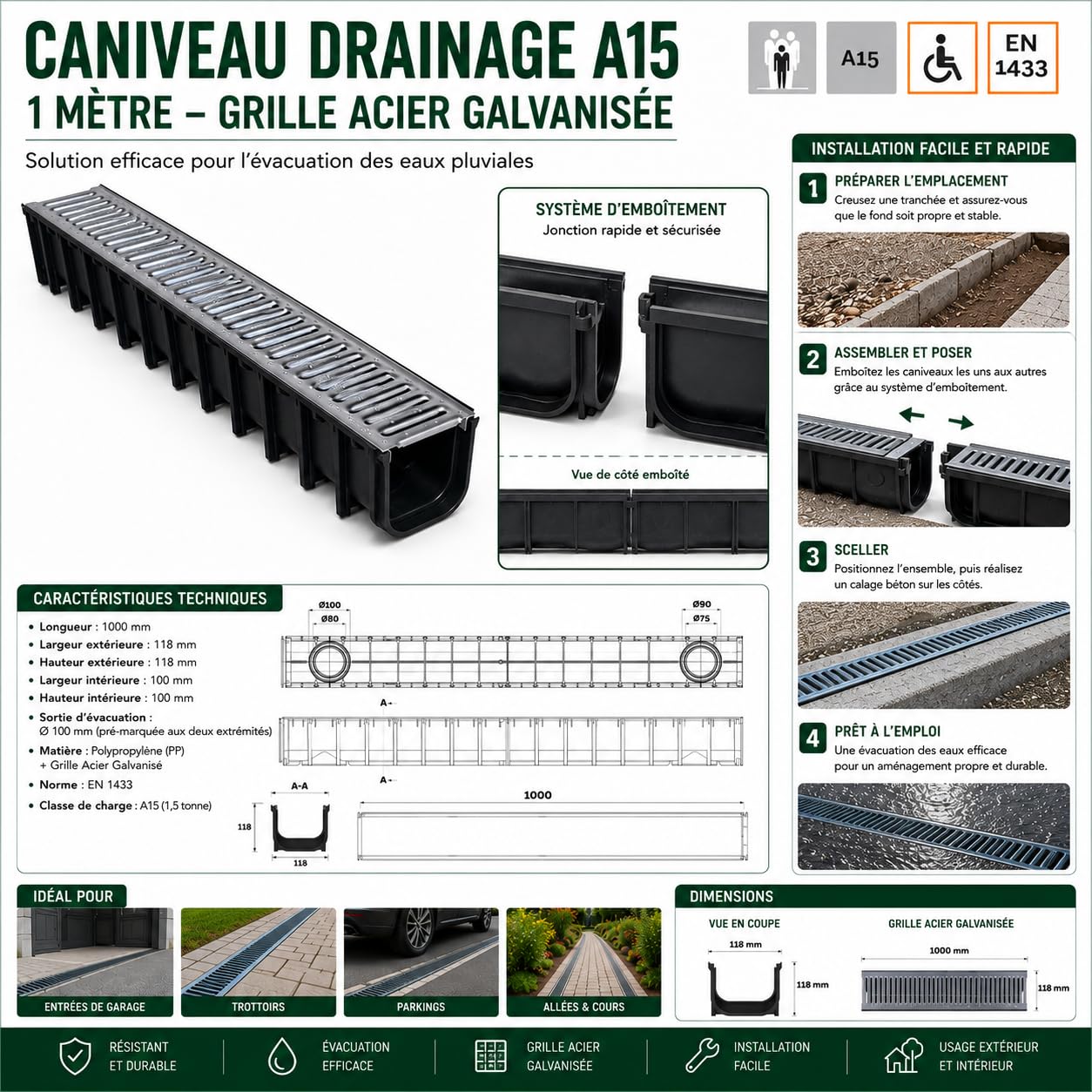 jardibric-caniveau-drainage-a15-1-m-grille-acier-galvanis-e-polypropyl-ne image 3